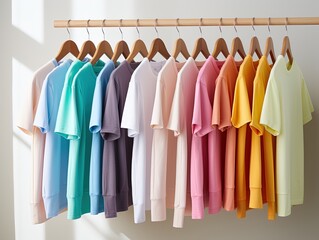 close up collection of colorful t-shirts hanging on wooden clothes hanger in closet or clothing rack over white background,