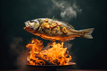 Whole sea bass or dorado fish on the grill, fire, smoke. Fish cooking concept. Generative AI.