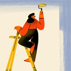 Young lady standing on step ladder and paining the wall. Personholding a paint roller. Back view. Cartoon style character. Hand drawn trendy illustration. Print, card, logo, design template - 711830071