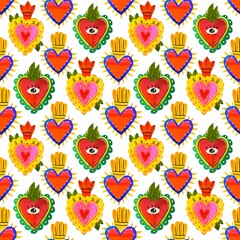 Various colorful Sacred hearts. Traditional Mexican hearts. Different ornaments. Cartoon style. Hand drawn trendy illustration. Square seamless Pattern. Background, wallpaper design template