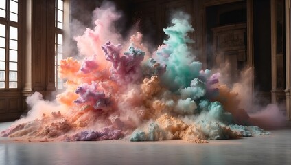 Exploding powder in pastel colors in an old museum ambience. Abstract history of art concept. Fashion and design idea. Copy space.