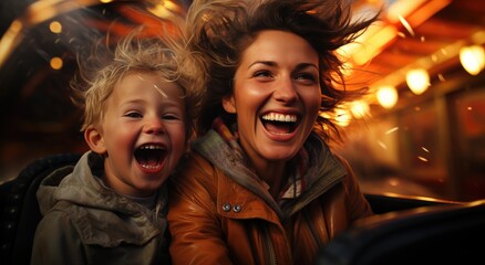 A joyful mother and child share a moment of pure happiness, their human faces adorned with genuine smiles as they bask in the warmth of each other's presence, the mother's jacket and the child's toot - obrazy, fototapety, plakaty