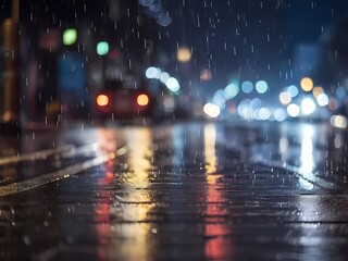 rain in the city at night with blurred lights background 