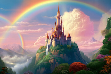 castle on a high mountain with a rainbow in the background