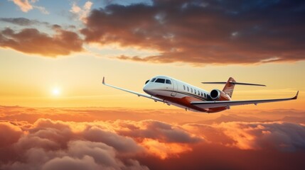 Fototapeta na wymiar A business jet glides through the mesmerizing sunset clouds, a symbol of elegance and corporate prowess.