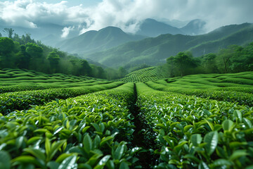tea plantation, nature background with foggy - obrazy, fototapety, plakaty