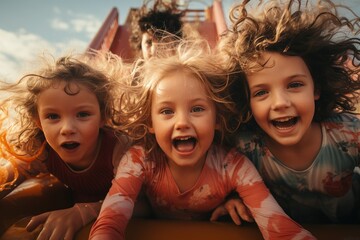 A joyful group of toddlers and young children dressed in bright clothing, their beaming faces full of happiness as they slide down under the sunny sky