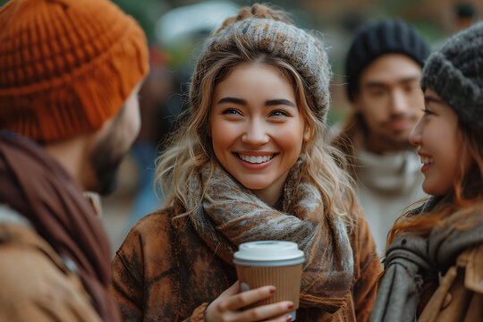 Group Of People Drinking Coffee In The Park, Laughing And Talking