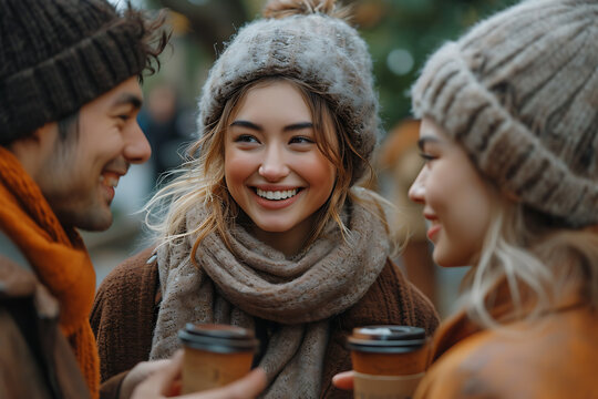 Group Of People Drinking Coffee In The Park, Laughing And Talking