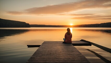 A serene and peaceful image of a person sitting on a dock, watching the sunset over a calm lake, with a sense of pure joy in their heart. Copy space.