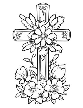 coloring book for children on Easter cross in flowers