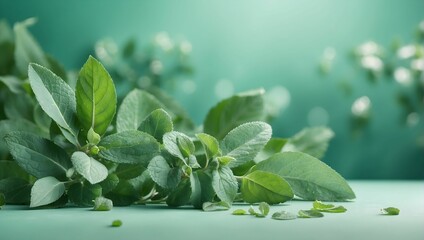 clear ambient glowing pastel green background, peppermint leaves, eucalyptus leaves. generative AI - obrazy, fototapety, plakaty
