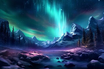 Landscape featuring snowy scenery and breathtaking auroras. Generative AI