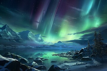 Landscape featuring snowy scenery and breathtaking auroras. Generative AI