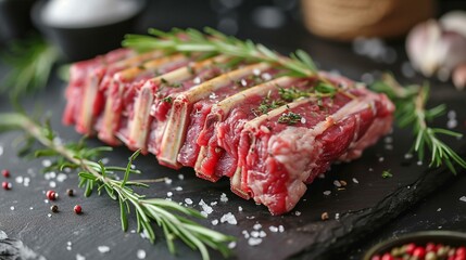 Stylish presentation of a whole rack of lamb, expertly trimmed and seasoned, ready for an elegant roast. [Whole rack of lamb fresh, raw, beautiful meat prepared and cut in a specia
