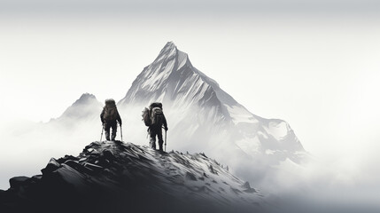 Mountain climbers - ascending peak - hiking - black and white - mountains - snow 