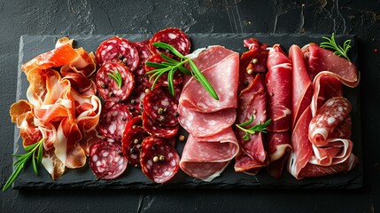Aerial view of a gourmet meat platter featuring slices of prosciutto, salami, and coppa, creating an appetizing charcuterie display. [Gourmet meat platter charcuterie fresh, raw, b - obrazy, fototapety, plakaty