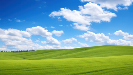 Green hills with blue sky. Idyllic nature scene of rolling green hills.