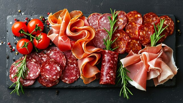 Aerial view of a gourmet meat platter featuring slices of prosciutto, salami, and coppa, creating an appetizing charcuterie display. [Gourmet meat platter charcuterie fresh, raw, b