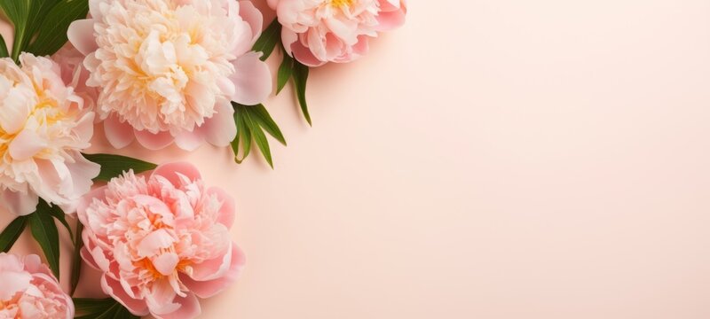 Mother's Day, spring, valentine's day or other celebration holiday concept greeting card template banner panorama long - Peonies on peach fuzz paper table texture background