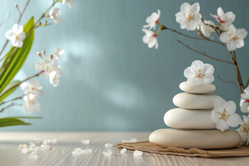 Obraz na płótnie Canvas zen stones and white orchids on wooden background