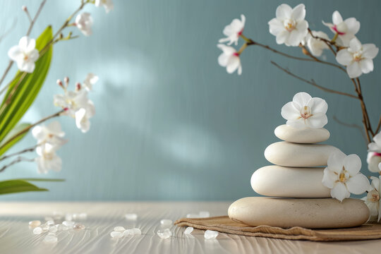 zen stones and white orchids on wooden background