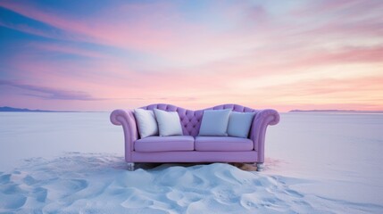 Fototapeta na wymiar Cozy Purple Sofa with cushions on a white sand beach, pastel sky