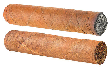 Pair of brown cigars isolated on a white background. New and burned cigar made with real tobacco...