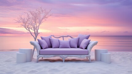 Fototapeta na wymiar Cozy Purple Sofa with cushions on a white sand beach, pastel sky