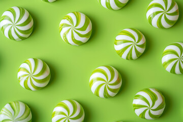 green striped peppermint candies on vibrant green background - obrazy, fototapety, plakaty