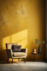 armchair in a room with table and plant pot, yellow and brown colors