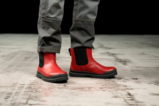 a person wearing a pair of fancy Logger Boots, red, black and grey colors