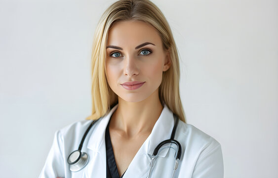 Portrait of beautiful blonde woman doctor looking at camera on white hospital background