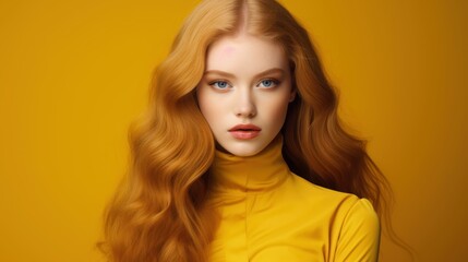 Fototapeta premium Portrait of a young beautiful lady in fashion outfit and golden hairs and yellow background 