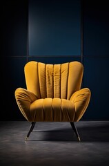 Yellow vintage style chair, dark navy colored wall background
