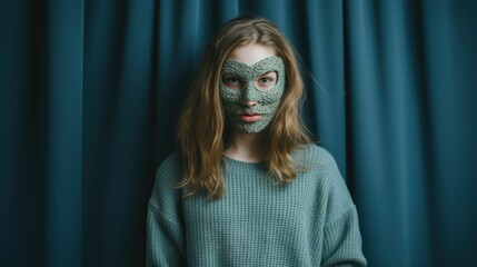 Young lady wearing a dark green mask on face and sweater