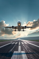 Airplane Taking Off From Airport Runway. Generative AI. - obrazy, fototapety, plakaty
