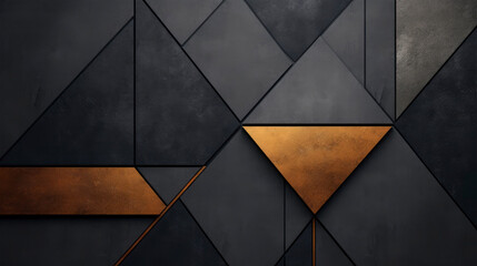 Closeup of golden grey geometric polygons of triangles and rectangles stones, modern architectural mosaic design in layers, 3d effect, background texture, business web - obrazy, fototapety, plakaty
