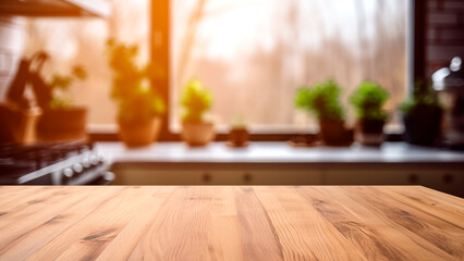 Empty wooden table in front kitchen background, product display	