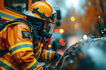Feuerwehrmann Wartung von Ausrüstung und Feuerwehrauto - obrazy, fototapety, plakaty