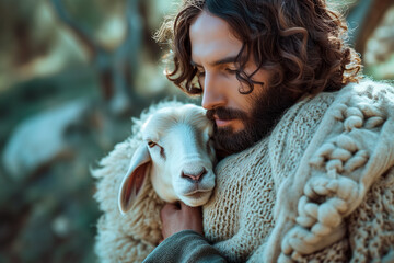 Jesus recovered lost sheep . Biblical story concept