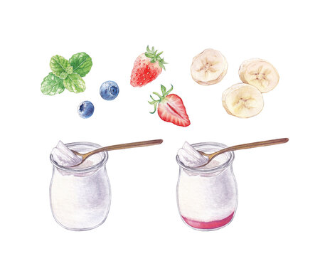 Watercolor yogurt in glass jar with berries and fruits