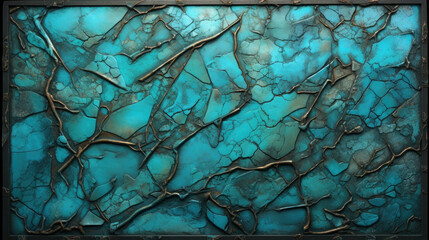 Closeup of turquoise stone wall texture with structure, grey lines and grey frame