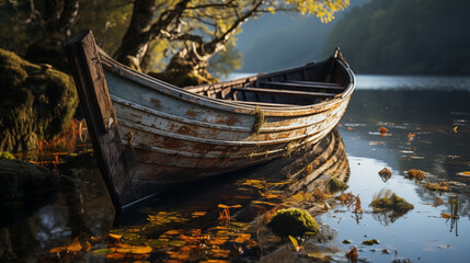 Old weathered abandoned wooden rowboat in still water
