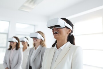 Professionals experiencing VR technology in a bright office setting