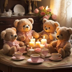 A group of teddy bears sit in various poses around a wooden table, creating a charming scene, Cuddly teddy bear family having a birthday tea party, AI Generated
