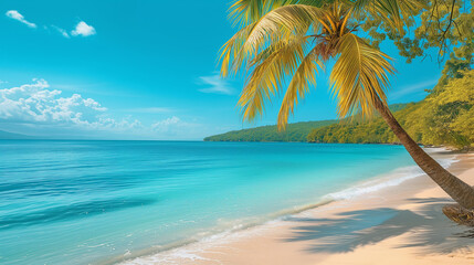 Fototapeta na wymiar Beautiful beach with palms and turquoise sea in an island