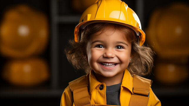 Child playing grown-up - dressed up as a construction worker  - smiling and happy - close-up shot 