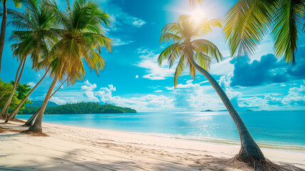 Fototapeta na wymiar Panorama of tropical beach with coconut palm trees