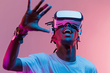 A man wearing a virtual reality headset with his mouth open